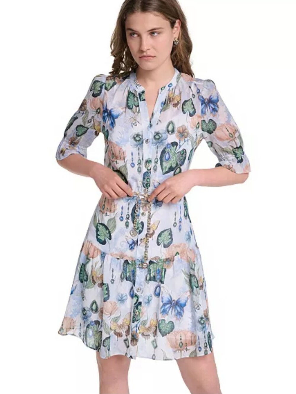 Karl Lagerfeld White Tiered Dress with Blue and Green Butterfly Print